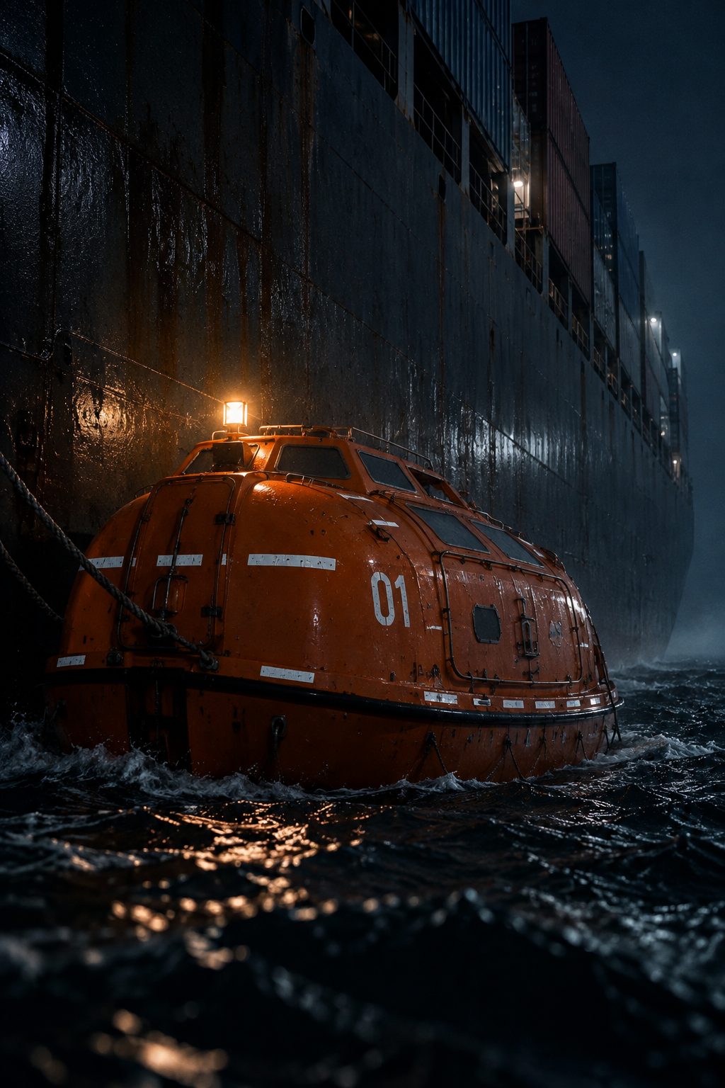 A modern orange enclosed lifeboat, numbered 01, tied alongside a container ship at night with its lamp lit
